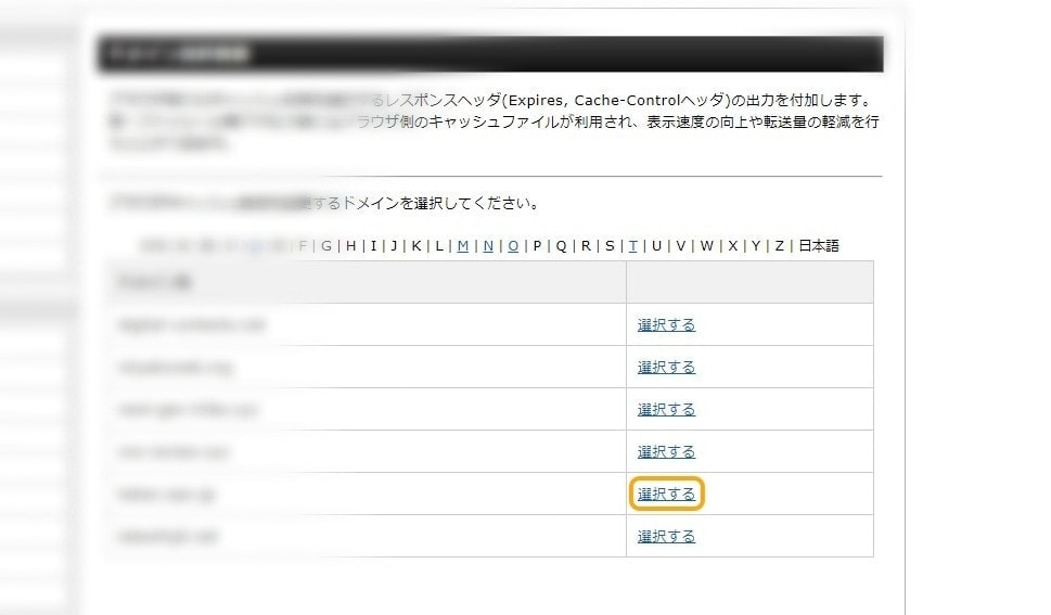 シン・レンタルサーバー ブラウザキャッシュ設定　ドメイン選択