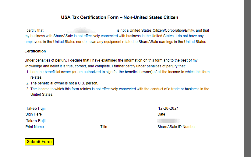 ShareASale USA Tax Certification Form