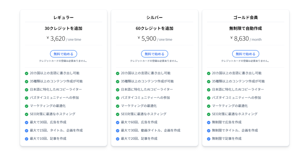 日本語のAIライティングツール「BuzzTai(バズタイ)」のレビュー BuzzTaiの料金プラン