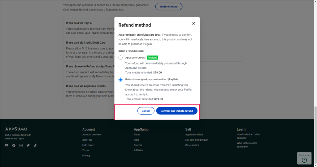 AppSumo 환불 및 반품 가능 여부와 시간