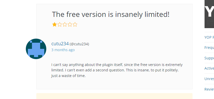 YOP Pollの無料版はあまりにも機能が制限されているため有料版に加入しなければまともに使うことはできないということが述べられているスクリーンショット画像です、