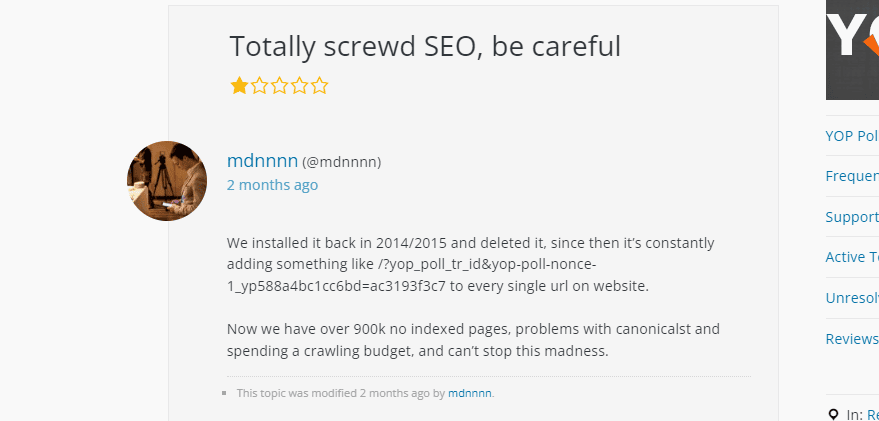 This screenshot image mentions SEO issues when using the YOP Poll.