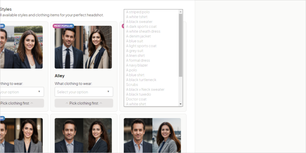 HeadshotPro offers a diverse selection of backgrounds and attire, from business-oriented to slightly more casual.