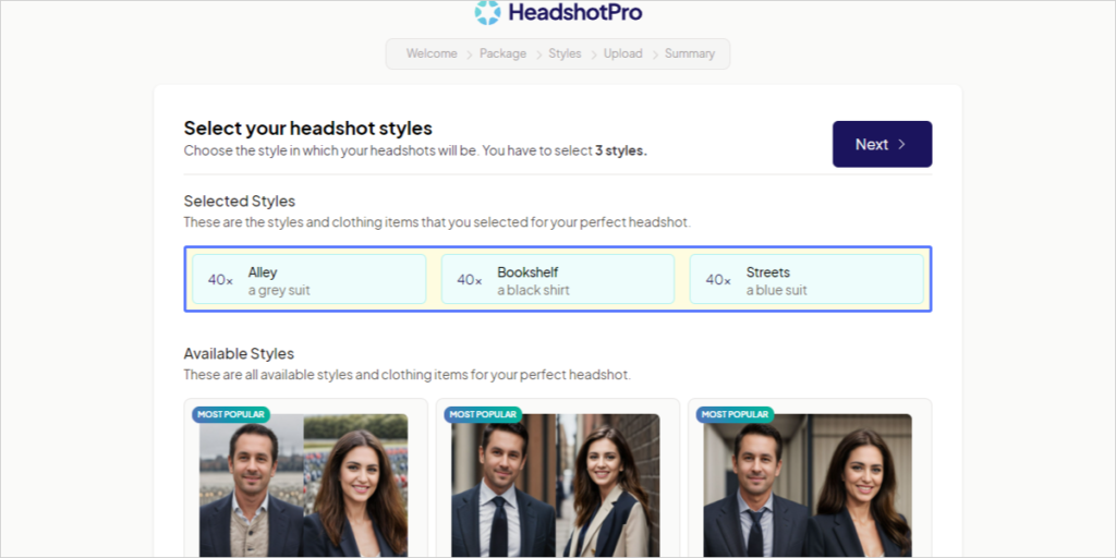 HeadshotPro에서 생성할 AI 아바타의 배경과 의상을 선택했습니다.