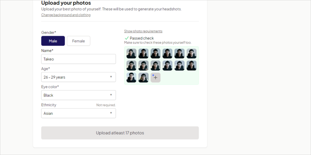 I also uploaded a lot of facial photos, ideally about 16 facial close-ups and one upper body photo, which is recommended.