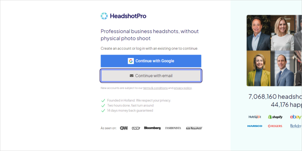 Create a new account with HeadshotPro