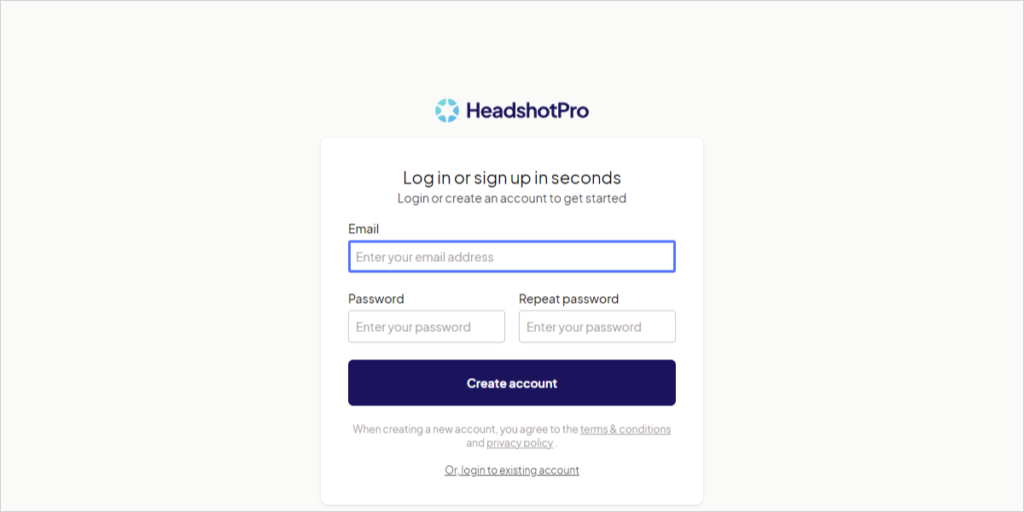 HeadshotPro에서 계정을 만들기 위해 이메일 주소를 입력합니다.