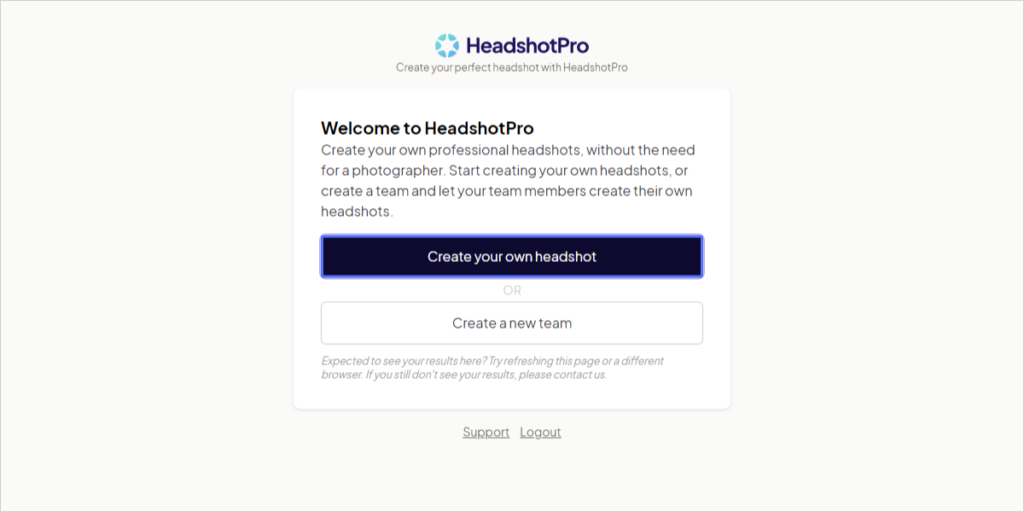 HeadshotPro에서 자신의 얼굴 사진을 만드는 첫 번째 단계가 시작됩니다.