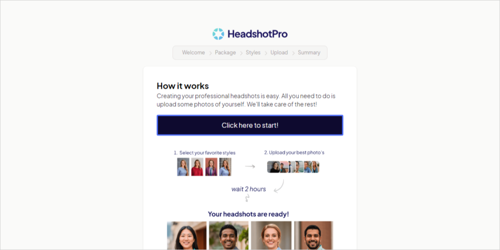 HeadshotPro의 사용법이 설명되어 있는 페이지가 표시됩니다.