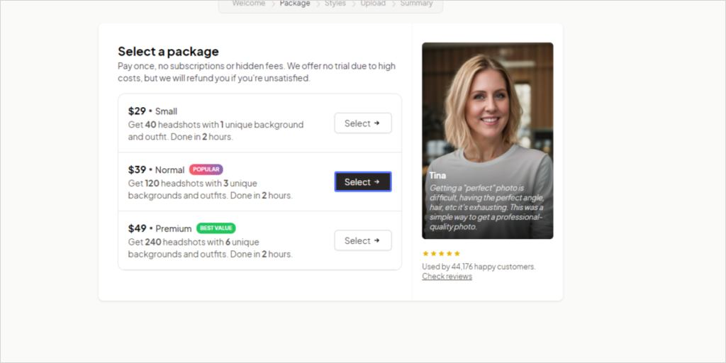 The HeadshotPro pricing page is shown here. The recommended plan is the $39 plan.