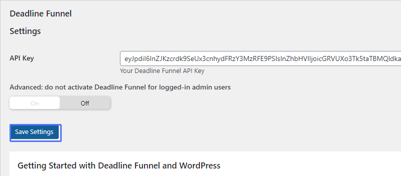 Deadline Funnel의 API 키를 여기에 입력합니다.
