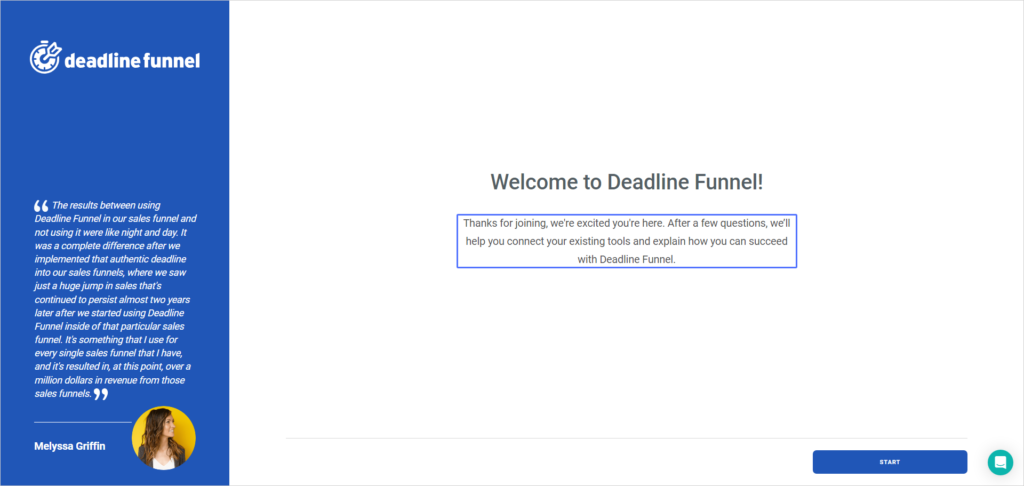 The Deadline Funnel welcome page appears once more. Let's click the NEXT button.