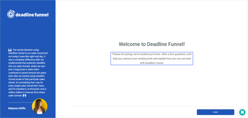 Deadline Funnel의 웰컴 페이지가 다시 한 번 표시되었습니다. NEXT 버튼을 클릭합니다.