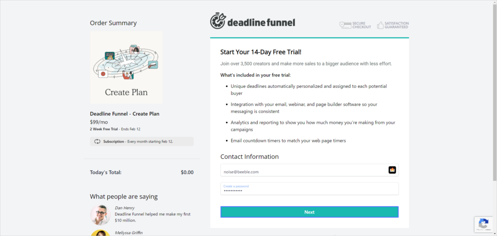 Deadline Funnel's 14-day free trial page is displayed.