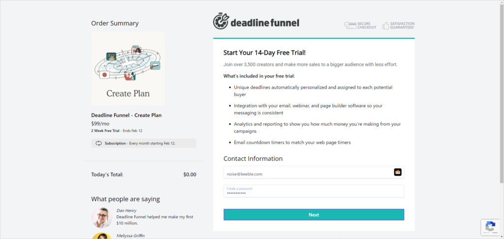 Deadline Funnel의 14일 무료 체험 페이지가 표시되고 있습니다.