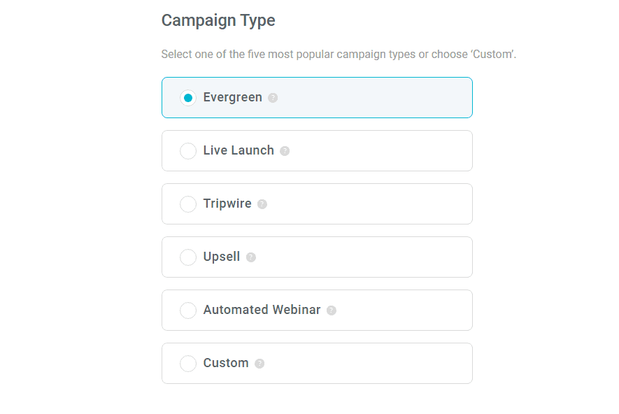 The types that can be set up in Deadline Funnel are shown here as screenshot images.