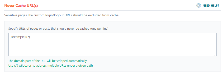 Never Cache URL(s) settings
