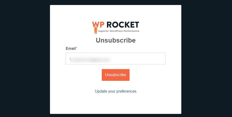 Final confirmation page to unsubscribe from WP Rocket's email newsletter.