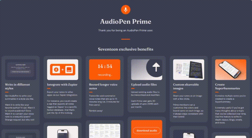 Here is a list of features of AudioPen's paid plans.