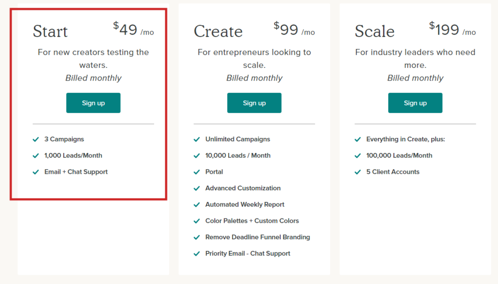 Here is a table of Deadline Funnel's pricing plans. The Starter plan is the cheapest of them all. It is only $49.