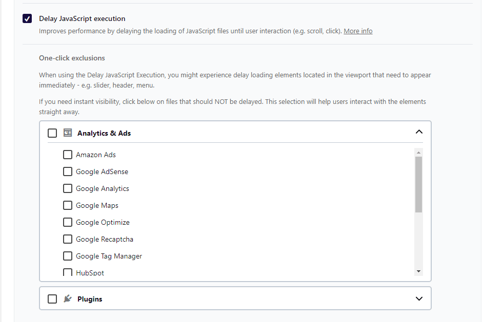 Delay JavaScript Executionはオンにします。