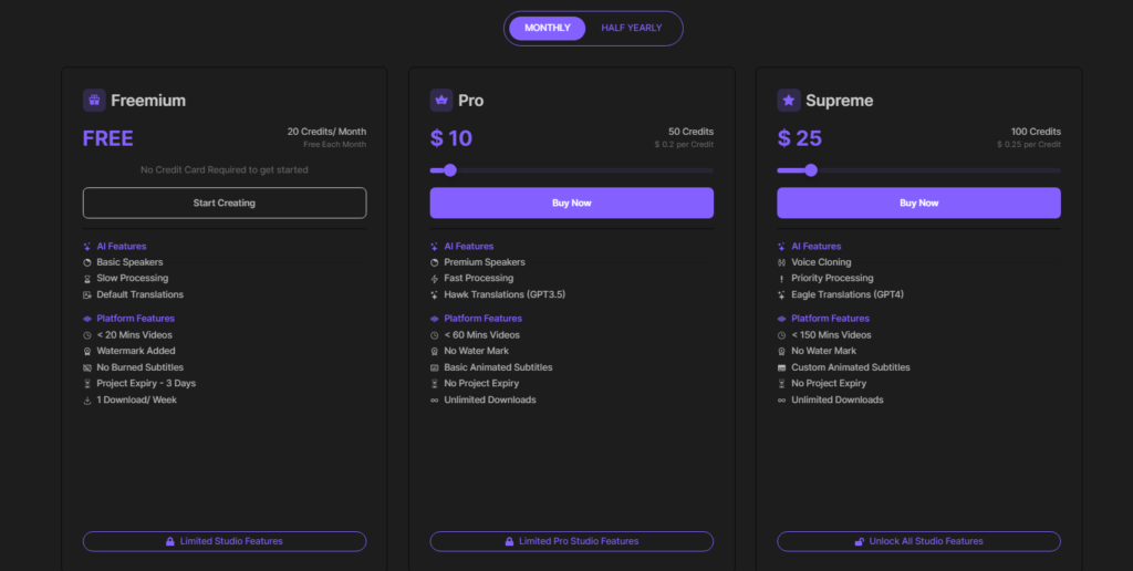 こちらはDubverse AIのダッシュボードから確認できる料金プラン一覧です