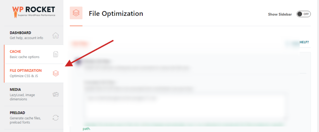 Open a page in WP Rocket's left sidebar settings for whatever you're looking for.