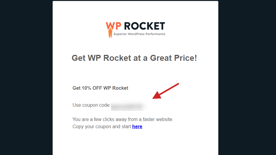 이메일을 클릭하면 WP Rocket 쿠폰을 받을 수 있는 페이지가 표시됩니다.
