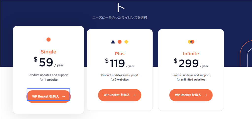 受け取ったクーポンをコピーしてWP Rocket の料金ページにアクセスします