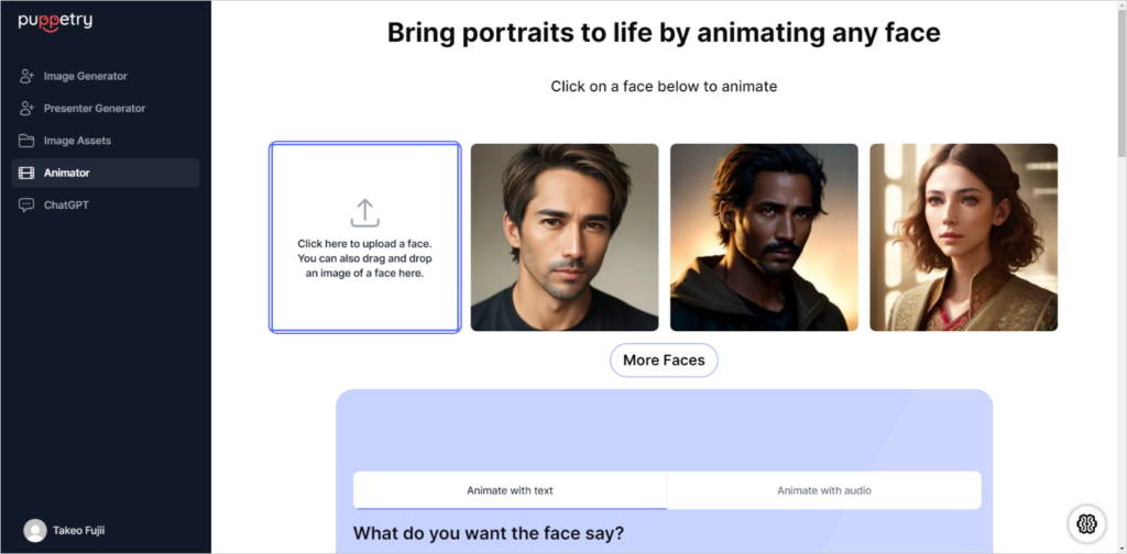 임의의 얼굴에 애니메이션을 적용하여 초상화에 생명을 불어넣을 수 있는 옵션을 갖춘 얼굴 애니메이션 도구 Puppetry의 화면 스크린샷 이미지입니다. 애니메이션 바 준비가 완료된 3명의 아바타 얼굴 샘플 이미지가 포함되어 있습니다.