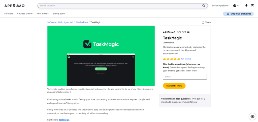 AppSumo로 판매될 당시 TaskMagic의 요금 페이지