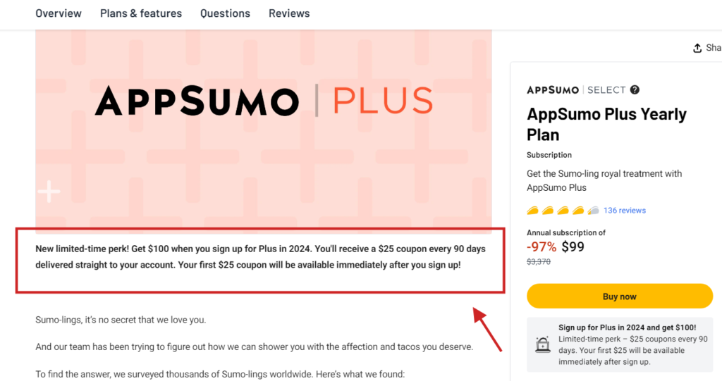 AppSumo Plusに参加すると100ドル分のクーポンがもらえます