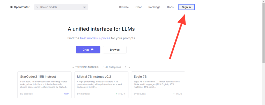 OpenRouter 계정을 만들려면 Sign In 버튼을 누릅니다.