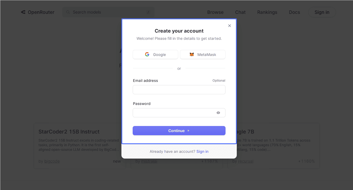 Register a new OpenRouter account by setting your email address and password12 here