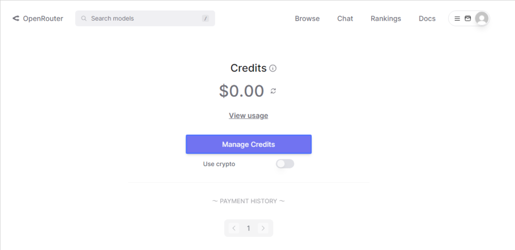 OpenRouterの creditsが開いたら manage creditsを押します