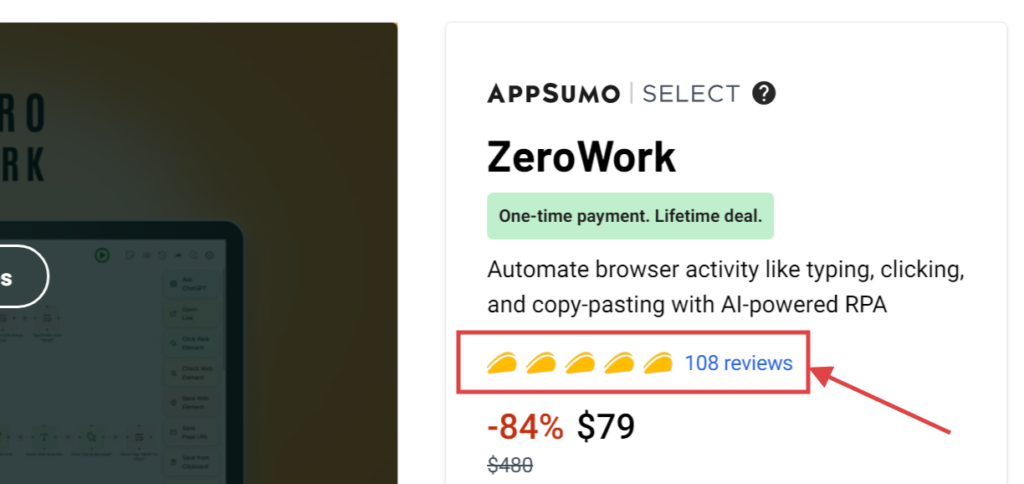 ZeroWorkは現在AppSumoでかなりの高い評価を得ている合計数108個のレビューの中で平均評価が4.96