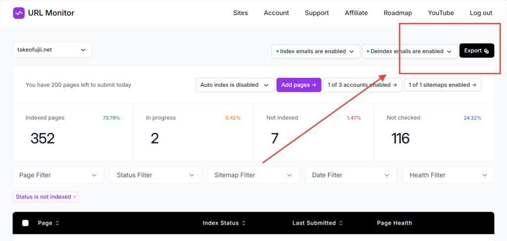 If you want to download the information of an article or page that is in X state in the URL Monitor, click the Export button in the upper right corner to download the information.