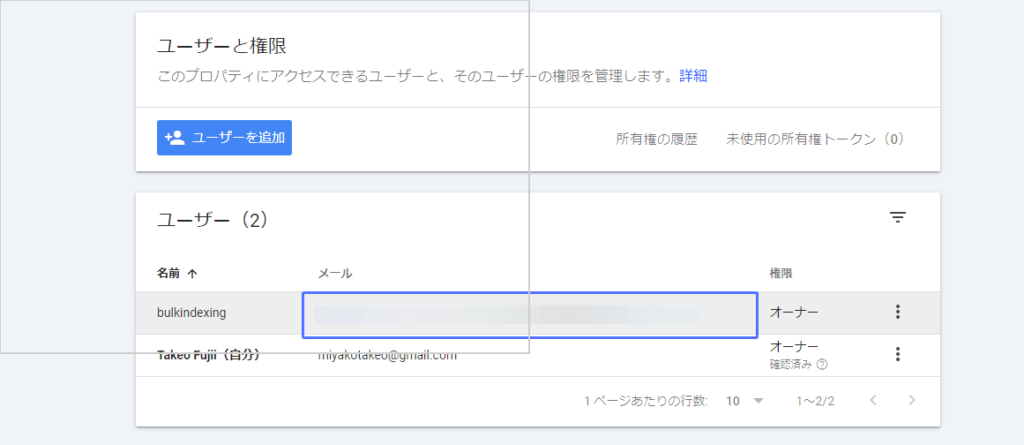 Google サーチコンソールに新しくユーザーを追加すると URL Monitorのメールアドレスはここに表示される