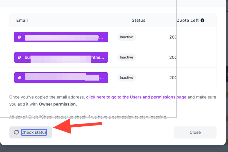 Check status 고스트 URL Monitor의 이메일 주소가 구글 서치 콘솔에 제대로 등록되어 있는지 확인할 수 있습니다.