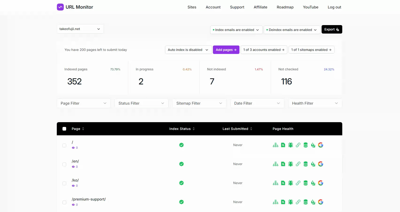 You can check the index status, which is important for SEO, from within your dashboard.