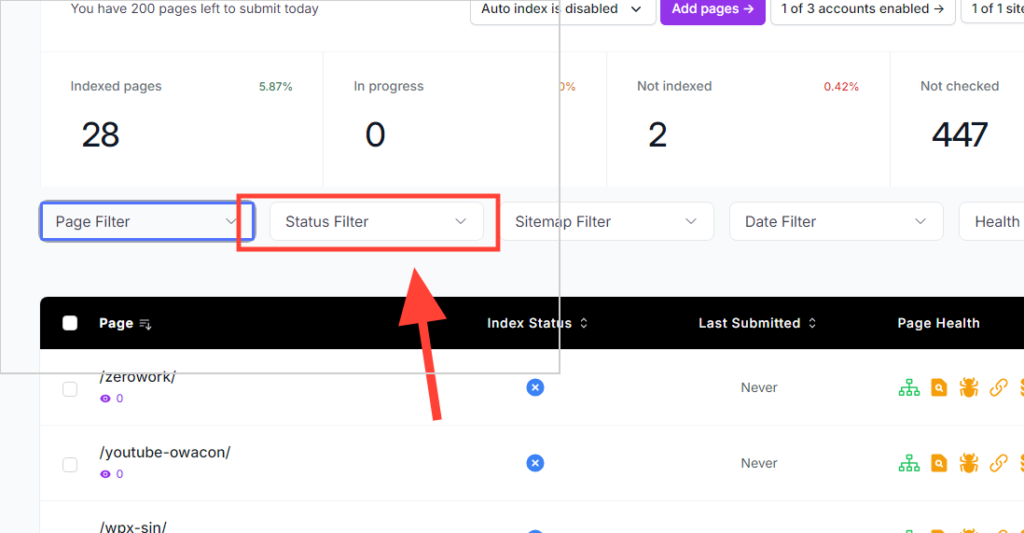 Use status filters to index articles and pages in no-index status