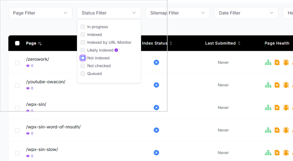 Pressing Not indexed will display only articles and pages with no indexed status.