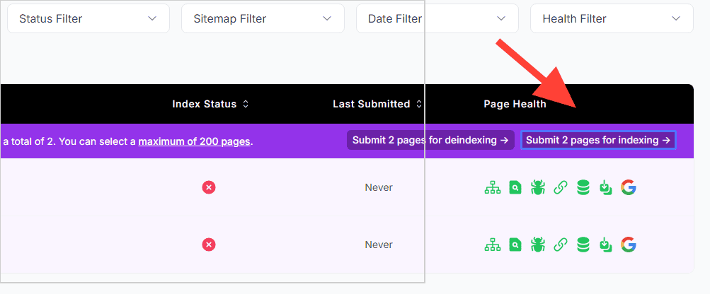 You can apply for indexing of all articles and pages in no-index status by making a batch selection.