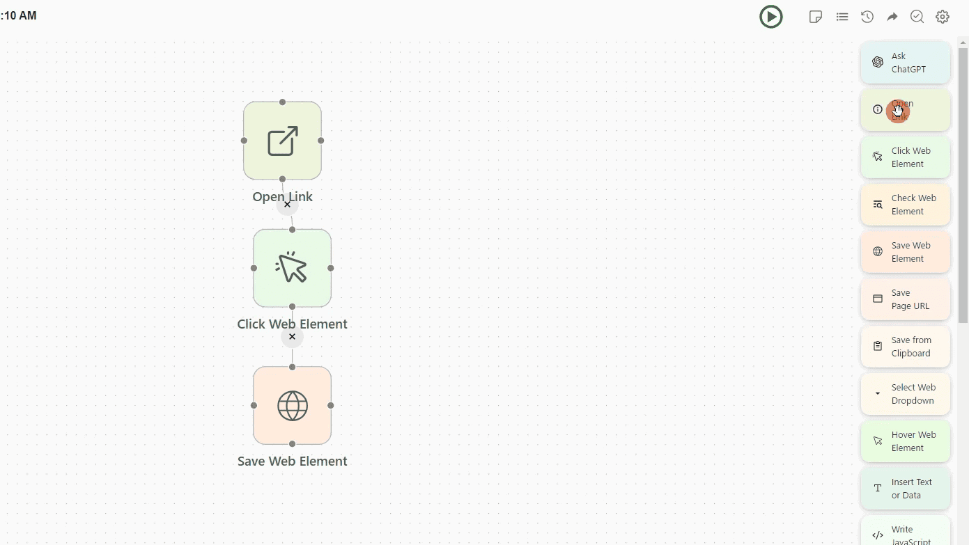 ZeroWork에서 자신만의 자동화를 만들기 위해서는 오른쪽 사이드바에서 블록을 선택하여 캔버스 내에 설치합니다.
