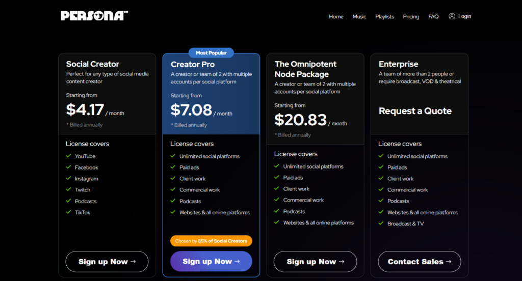 Persona Music Pricing Plans