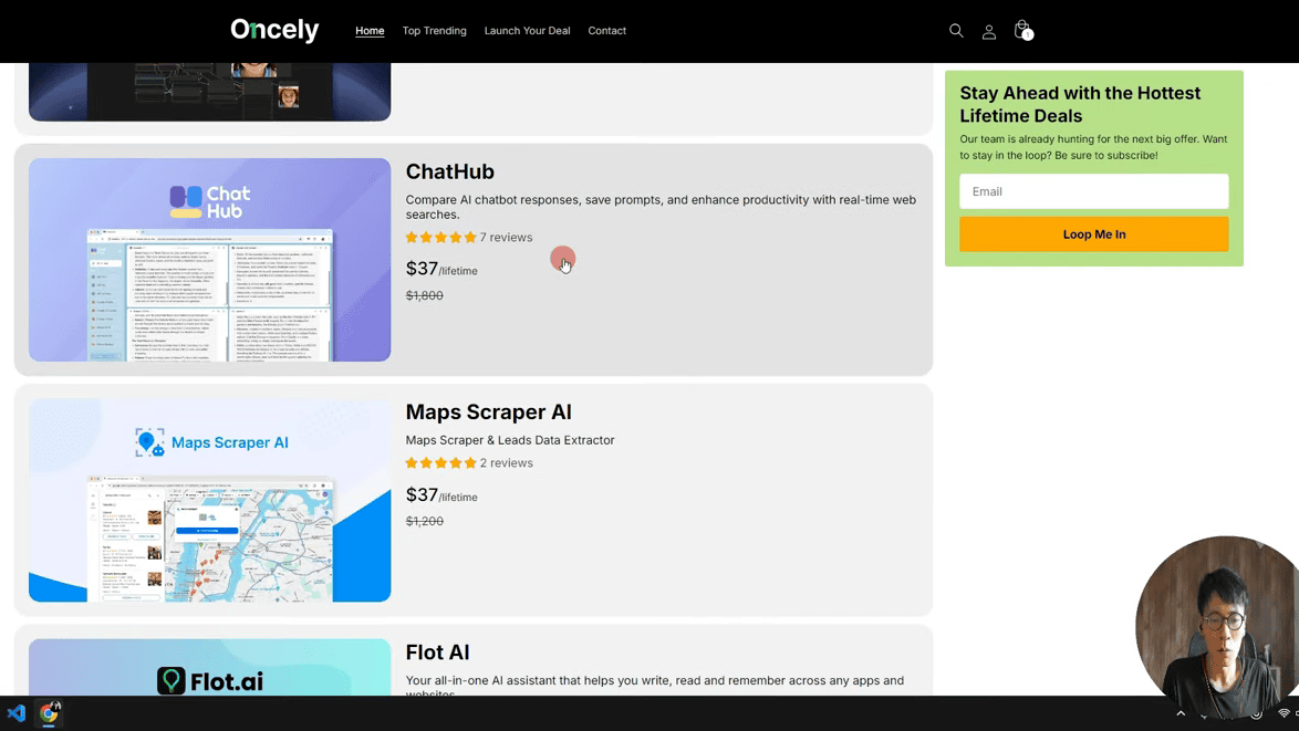 Oncely's product list is displayed.