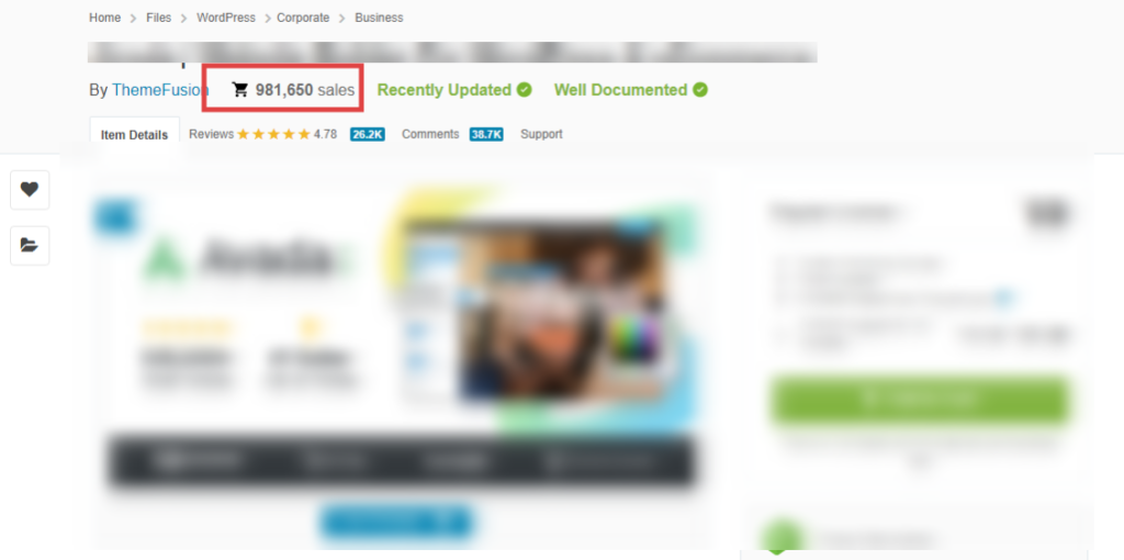 Blurry e-commerce page showing over 981,660 sales and details of updates, documents, reviews and comments.