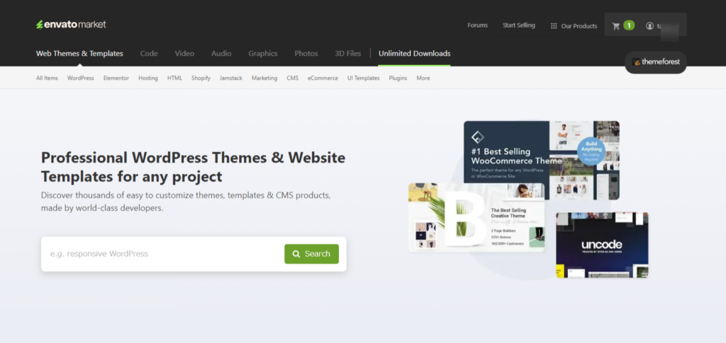 Screenshot of the Envato Market website, showcasing a variety of downloadable WordPress themes and website templates, with an optional customizable search bar.