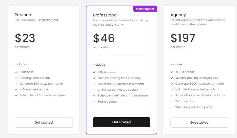 Marky의 요금제를 소개합니다. 세 가지 요금제가 있습니다. 개인 플랜은 월 23달러, 프로페셔널 플랜은 월 46달러, 에이전시 플랜은 월 197달러입니다. 각 요금제에 포함된 기능이 명시되어 있으며, 프로페셔널 요금제는 '가장 인기 있는 요금제'라고 자랑스럽게 표시되어 있습니다.
