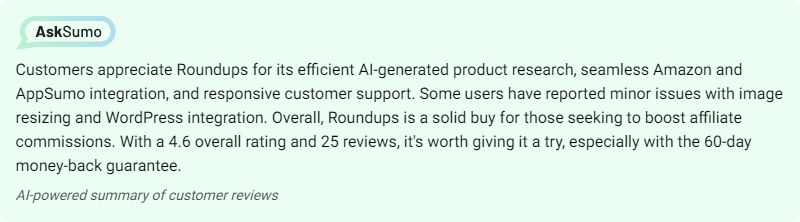 Customer review text summarizes positive feedback on Roundups, highlighting AI research, integration, and support, but also noting minor issues. 25 reviews rate it 4.6, with a 60-day warranty.